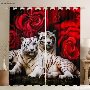Занавеска с изображением розового цветка и тигра, напечатанная на 3D-принтере, занавеска в стиле ретро, украшение окна, карман для штанги, украшение для дома, 2 шт. W50X130H(CM)X2PCS&Grommet Top