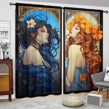 Занавеска с принтом «Богиня Солнца и Луны» для домашнего декора — оконное оформление с карнизом для спальни, кухни, гостиной 52.5cmX116cm X 2pcs