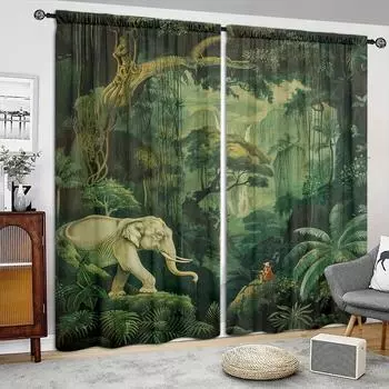 Занавеска с принтом «Исследование джунглей» для домашнего декора — оконная отделка с карнизом для спальни, кухни, гостиной 52.5cmX116cm X 2pcs