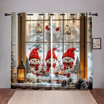 Занавеска с принтом Санта-Клауса, снеговика и рождественской елки для украшения окна на Рождество, 2 шт., полузатемняющие шторы (W50cmxH130cm)x2&Rod Pocket