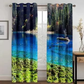 Занавеска с природным пейзажем и высокой степенью затенения, снежная гора, озеро, лес, облако, закат, водопад, драпировка для спальни, отеля, студии W55 X H120cm X 2&HOOK