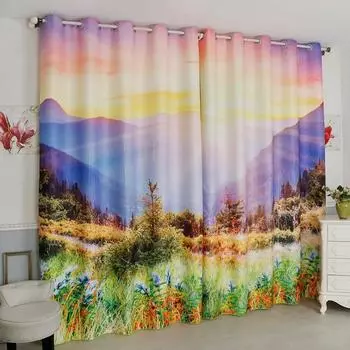 Занавеска с скандинавским пейзажем и высокой степенью затенения, снежная гора, зеленый лес, закат, цветы, затемненная драпировка для отеля, спальни, гостиной, залива, новинка W55 X H120cm X 2&HOOK