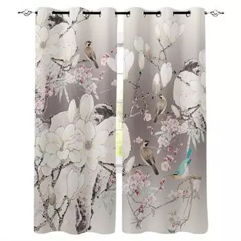 Занавески для окон в китайском стиле с изображением цветов и птиц для гостиной, декоративные элементы для гостиной 135W x 60H(cm)