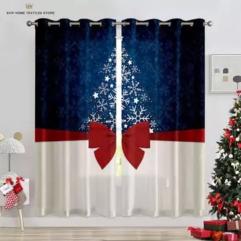 Занавески для рождественской елки с синим звездным небом, красные занавески с бантом, 2 панели, гостиная, спальня, декор детской комнаты, домашний декор W50X130H(CM)X2PCS&Grommet Top