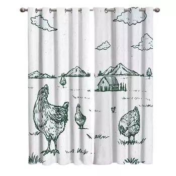 Занавески на окна в стиле кантри, граффити, курица на холме, живописные шторы для гостиной, декоративные предметы для гостиной 135W x 60H(cm)