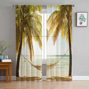 Занавески с пальмами на пляже для гостиной, занавески на окна для кухни, тюль, вуаль, занавески из органзы W135 x H115cm x1