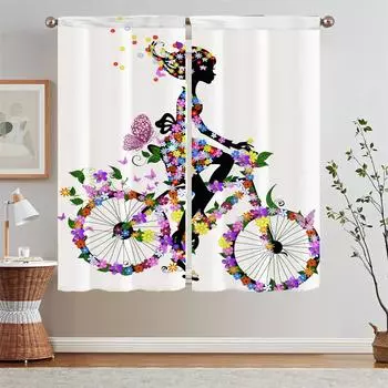 Занавески с рисунком бабочки и велосипеда для кухни, 2 шт., карнизы для окон, завитки, шкафы для украшения гостиной W50xH70cmx2pcs-CL