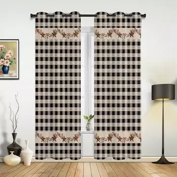 Занавески в стиле кантри, черные клетчатые оконные шторы в стиле кантри для гостиной, кухни, занавески с подзором, детская комната, домашний декор 135W x 60H(cm)