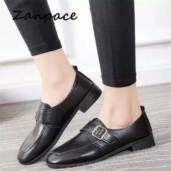 ZANPACE 2024 Leather Flat Shoes Women Loafers Spring New Flat-bottom Mother Shoes Low Heel Casual Platform Slip on Ladies Shoes 5 чёрный