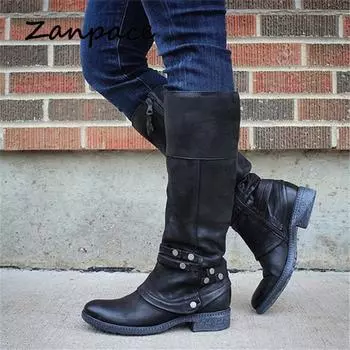 ZANPACE 2024 Winter Women s Boots Large Size 43 PU Round Toe Zip Women Shoes Leather Warm Women s High Boots Zapatos De Mujer 5 коричневый