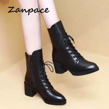 ZANPACE Platform Heels Women Boots Winter Plus Velvet Mid-tube Women Shoes Fashion Pointed Toe Winter Women Ankle Boots 5 чёрный