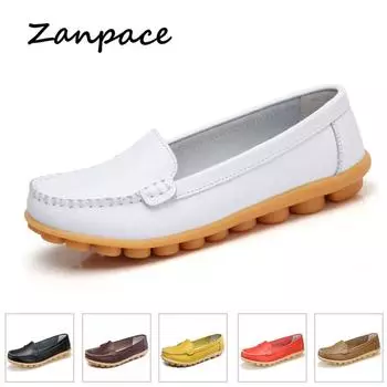 Zanpace Женская обувь из натуральной кожи Женские мокасины Мокасины для мам Мягкая повседневная женская обувь для вождения Балетки Туфли на платформе 5.5 белый