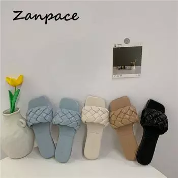 ZANPACE Women Slippers 2024 New Summer Weave Outdoor Beach Flat Casual Slipper Non-slip Sandal Female Open Toe Flip Flops 5 хаки