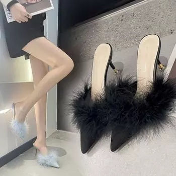ZANPACE Women Slippers Joker Women s Shoes New High Heel Slippers Fashion Pointed Toe Ladies Slippers Suede Slide Flip Flops 35
