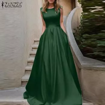 ZANZE Женское вечернее повседневное длинное платье без рукавов с круглым вырезом S зелёный