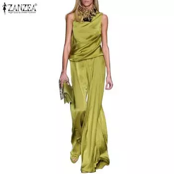 ZANZEA атласные наряды, женский повседневный топ без рукавов и брюки, летний костюм из двух предметов 2XL чёрный