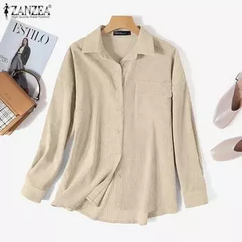 ZANZEA Блузка для женщин, повседневные вельветовые рубашки в стиле ретро S чёрный