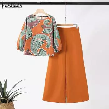 ZANZEA Блузка с рукавом 3/4 и брюки в стиле ретро, повседневные комплекты из двух предметов S розовый