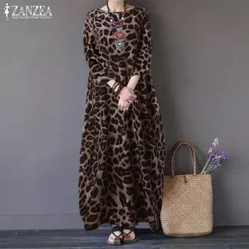 ZANZEA Bohemia Женское свободное длинное платье с круглым вырезом и рукавами 3/4 с леопардовым принтом