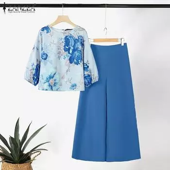 ZANZEA Цветочная блузка и широкие брюки, повседневный комплект из двух предметов S зелёный