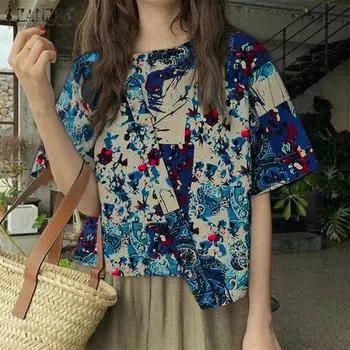 ZANZEA Ethnic Print Casual Round Neck Women Short Sleeve Irregular Blouse M красный