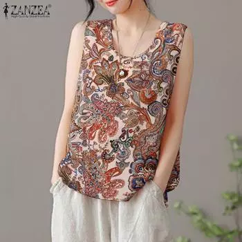 ZANZEA Ethnic Print Summer Casual Sleeveless Tank Tops S чёрный
