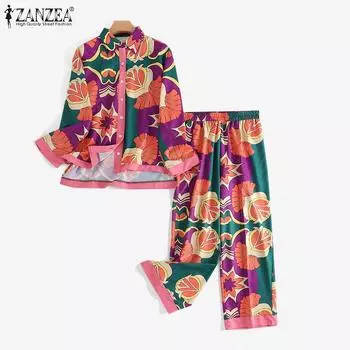 ZANZEA Fashion Outfits Женская блузка и брюки с цветочным принтом, комплект из двух предметов