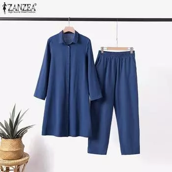 ZANZEA Хлопковая одежда, женская блузка и брюки, повседневный костюм из двух предметов S бежевый