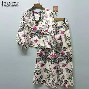 ZANZEA Хлопковая одежда, женская блузка с рукавами 3/4 и брюки, комплект из двух предметов с цветочным принтом 3XL темно-синий