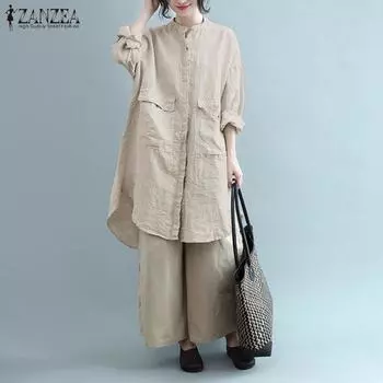 ZANZEA Хлопковая рубашка Повседневная блузка с длинными рукавами и круглым вырезом
