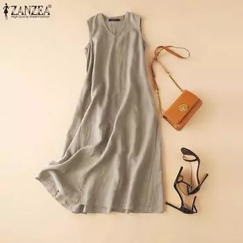 ZANZEA Хлопковое платье женское летнее платье-майка без рукавов с v-образным вырезом 5XL бежевый