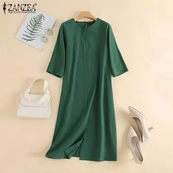 ZANZEA Хлопковое платье женское летнее повседневное свободное платье с круглым вырезом и рукавами 3/4 S бежевый