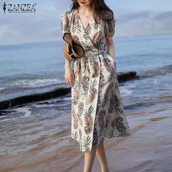 ZANZEA Holiday Beach повседневное летнее платье с v-образным вырезом и короткими рукавами