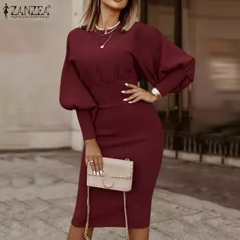 ZANZEA Элегантное женское облегающее платье Женское повседневное платье с круглым вырезом и длинными рукавами весна-осень