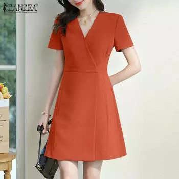 ZANZEA Элегантное женское повседневное летнее тонкое платье с короткими рукавами и v-образным вырезом