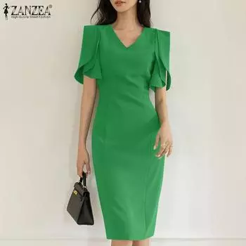ZANZEA Элегантное женское повседневное облегающее платье с V-образным вырезом и коротким рукавом 2XL чёрный