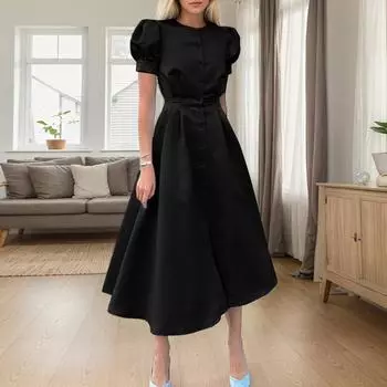 ZANZEA Элегантное женское повседневное платье с круглым вырезом, пышными короткими рукавами и длинной юбкой S чёрный