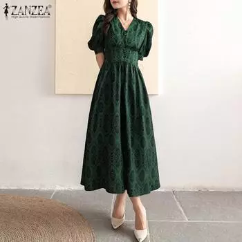 ZANZEA Элегантное женское повседневное платье с V-образным вырезом и коротким рукавом с принтом 3XL темно-зеленого
