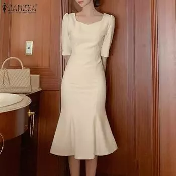 ZANZEA Элегантное женское повседневное тонкое длинное платье с круглым вырезом и половиной рукавов 3XL чёрный