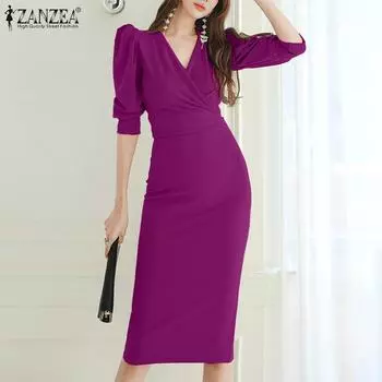 ZANZEA Элегантное женское вечернее тонкое платье миди с половиной рукавов и талией