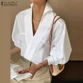 ZANZEA Элегантные женские блузки свободного кроя с V-образным вырезом и длинным рукавом 5XL белый