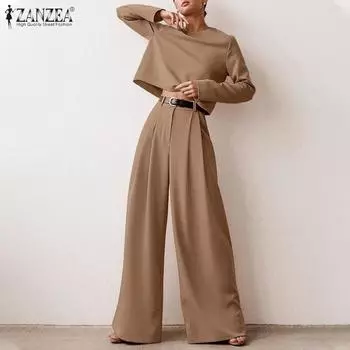 ZANZEA, комплект из двух предметов, женские укороченные топы с длинными рукавами и широкие брюки, комплект костюма 5XL бежевый