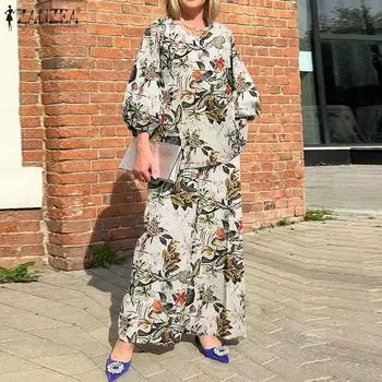 ZANZEA, комплекты из двух предметов, женские топы с цветочным принтом, рукавами 3/4 и длинные брюки, широкие брюки, повседневные свободные костюмы, большие размеры