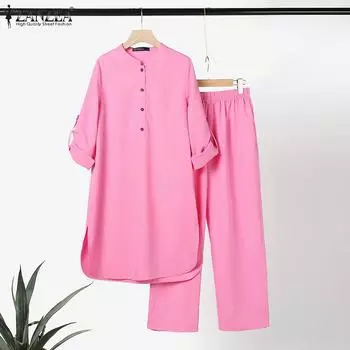 ZANZEA комплекты из двух предметов, женские топы и брюки с длинными рукавами, длинные брюки, повседневные свободные костюмы размера плюс