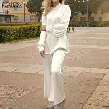 ZANZEA, комплекты из двух предметов, женские топы с длинными рукавами и брюки, широкие брюки, повседневные свободные костюмы, большие размеры