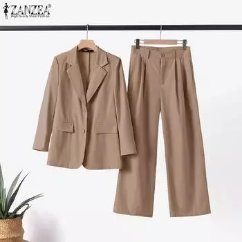 ZANZEA Костюм Одежда Женский кардиган Блейзер и брюки Повседневный комплект из двух предметов 4XL зелёный