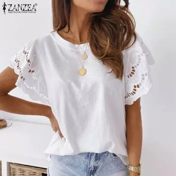ZANZEA Кружевная вязанная крючком блузка с короткими рукавами и круглым вырезом, топы, женская одежда
