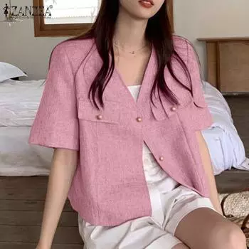 ZANZEA Lady женская летняя однотонная свободная куртка на пуговицах с v-образным вырезом и короткими рукавами