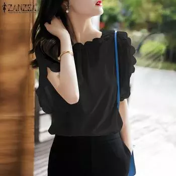ZANZEA Lady женский летний кружевной однотонный свободный топ с круглым вырезом и короткими рукавами