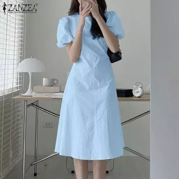 ZANZEA Lady женское элегантное платье с круглым вырезом и короткими рукавами, однотонное элегантное платье с талией